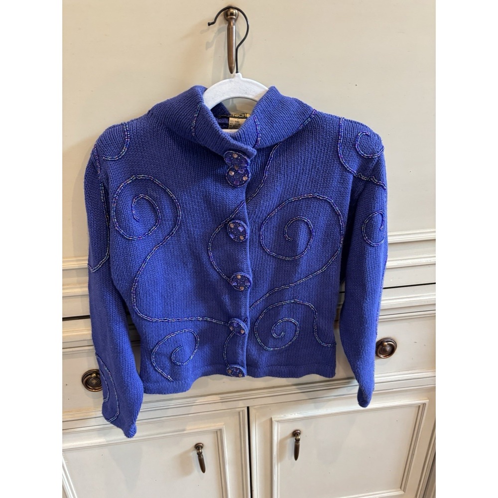 Lisa‎ Nichols Beaded Blue Cardigan Jacket Buttons Cotton Blend Small 90s Vintage